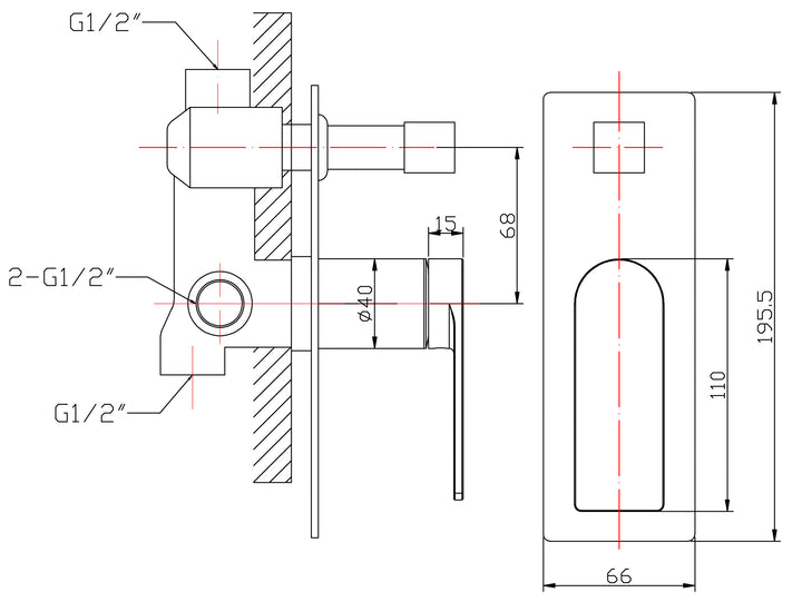 Evie Wall Mixer with Diverter dimensions