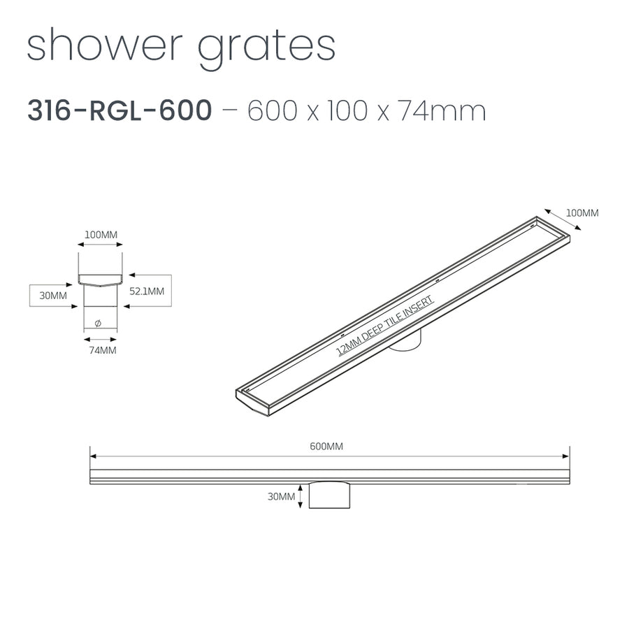 Radiant Linear Tile Insert Floor Grate 600mm