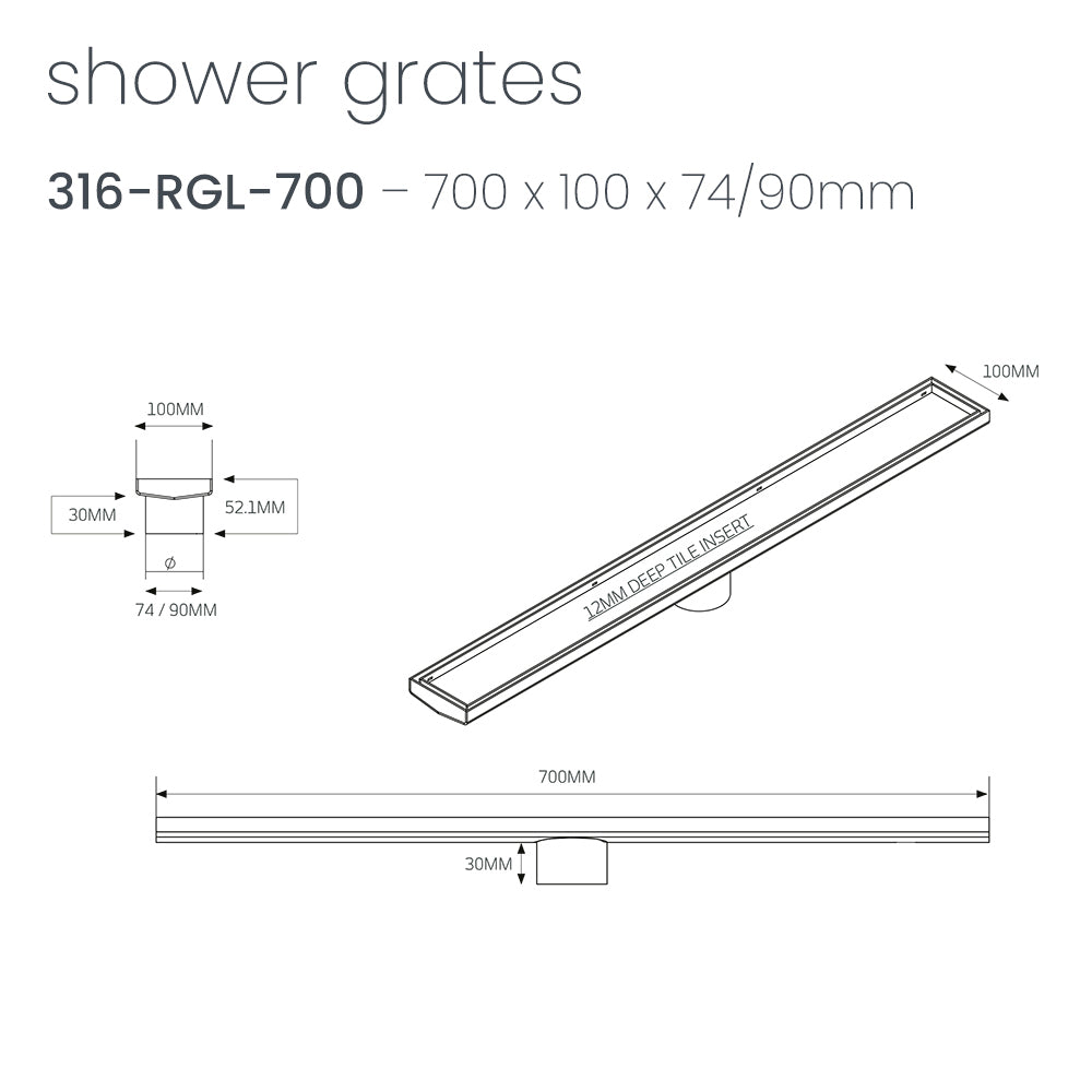 Radiant Linear Tile Insert Floor Grate 700mm