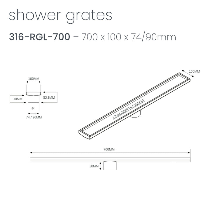 Radiant Linear Tile Insert Floor Grate 700mm