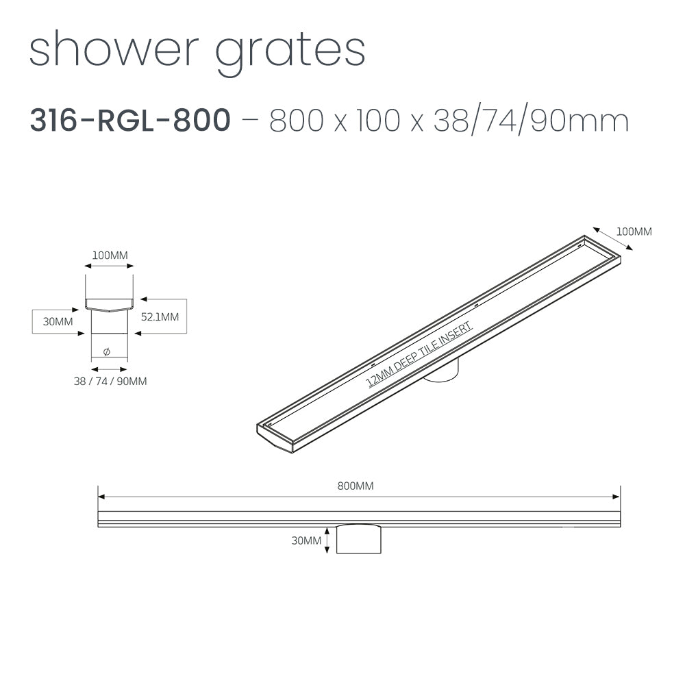Radiant Linear Tile Insert Floor Grate 800mm
