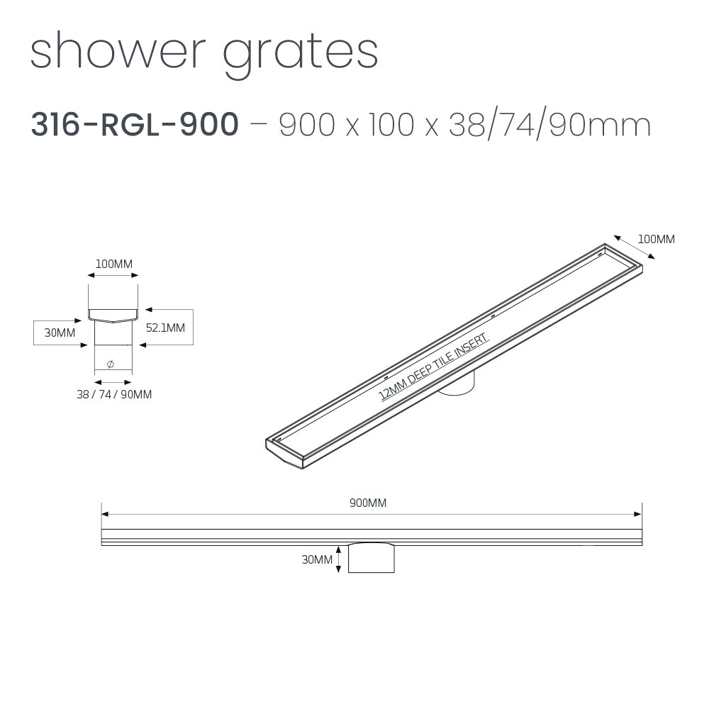 Radiant Linear Tile Insert Floor Grate 900mm